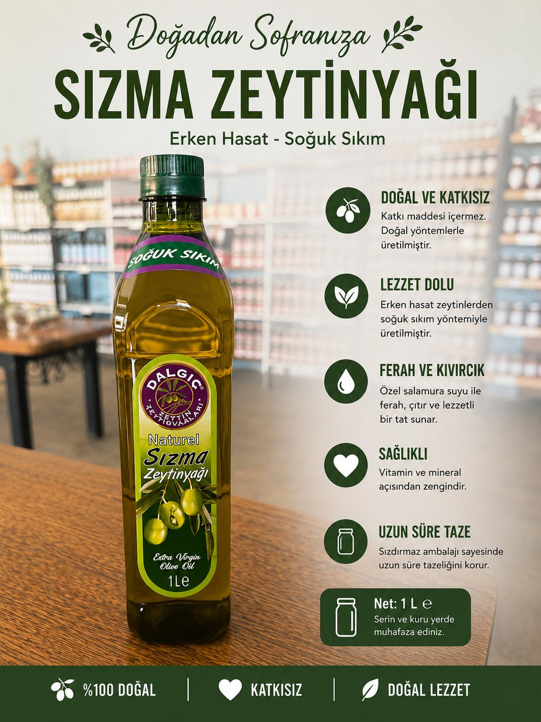 Dalgıç ilk Hasat Sızma Zeytinyağı Pet 1 lt