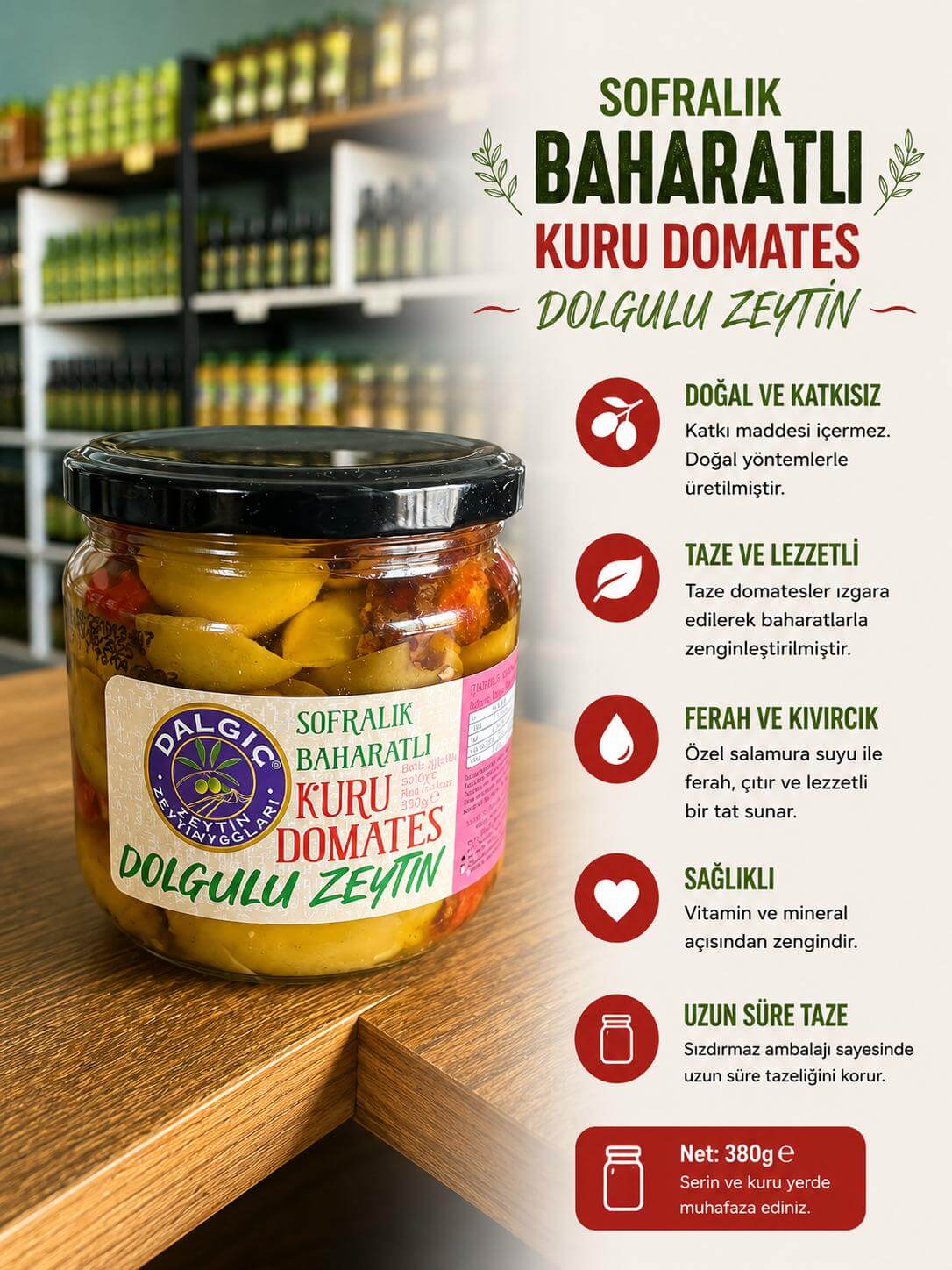 Dalgıç Baharatlı Kuru Domates Dolgulu Zeytin