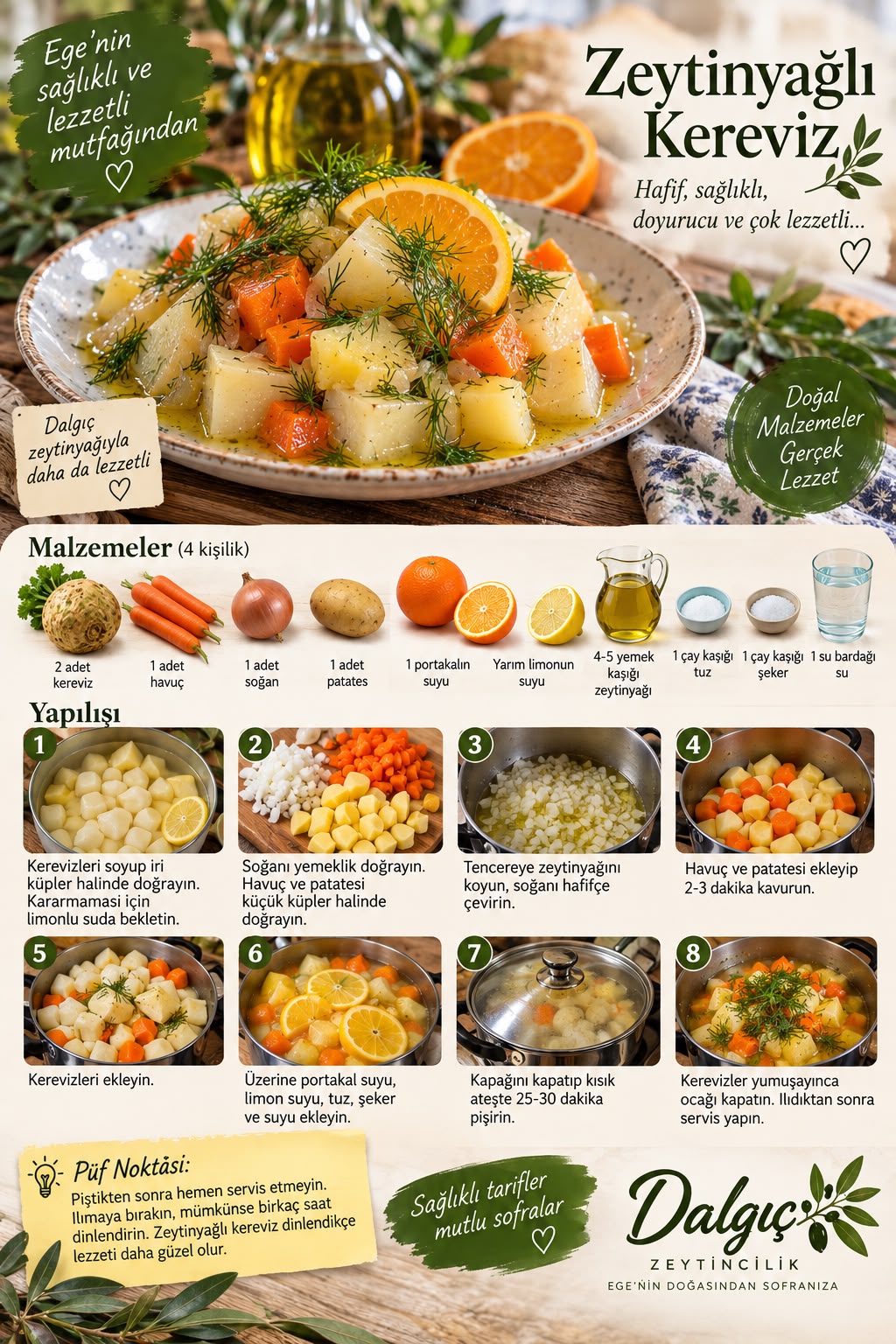 Dalgıç Naturel Sızma Zeytinyağlı Kereviz Yemeği Tarifi